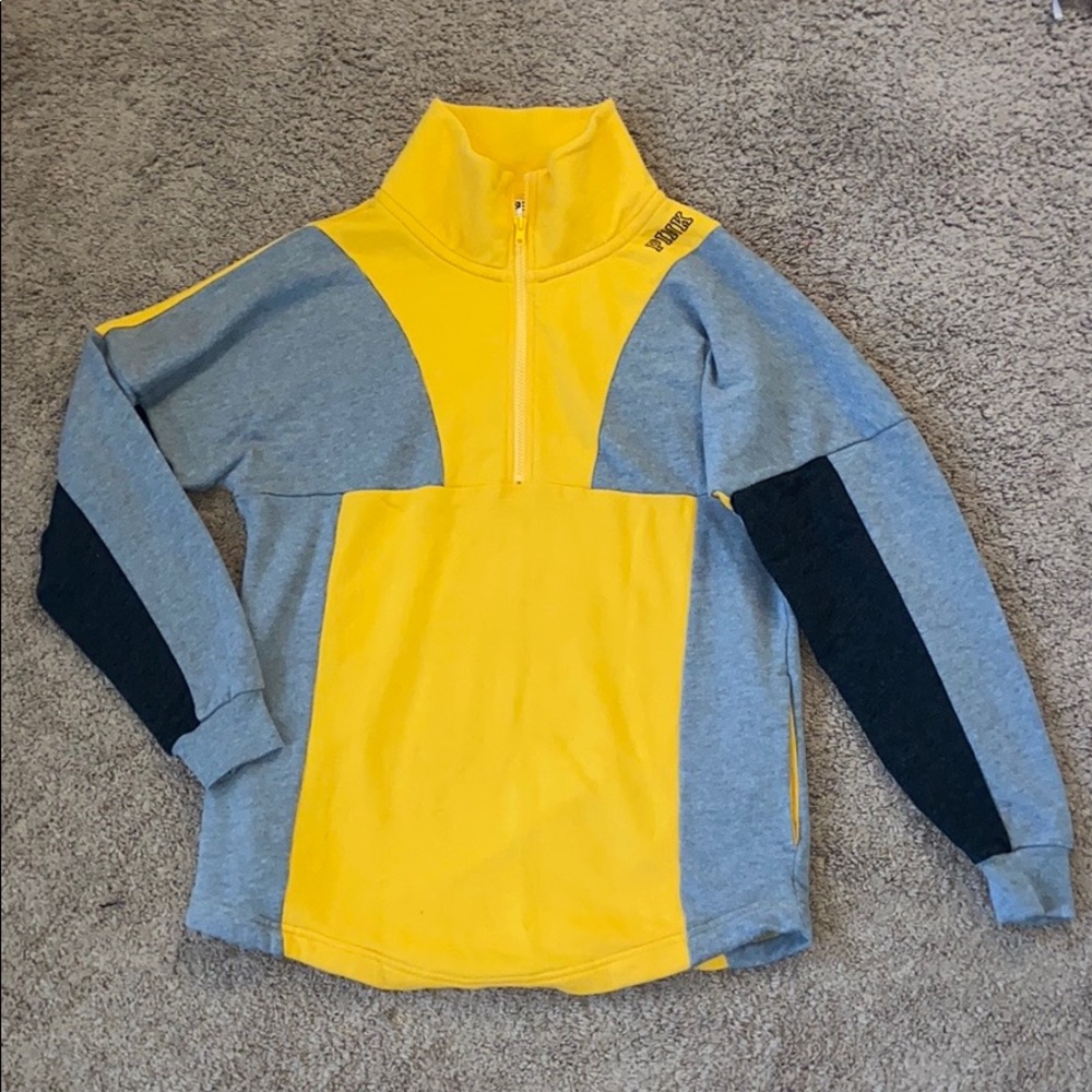 PINK quarter zip yellow and grey sweatshirt